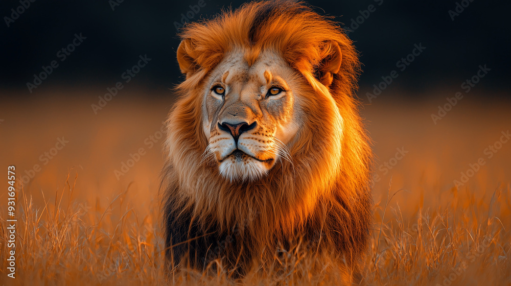 Obraz premium A close-up portrait of a majestic lion with a golden mane, set against a soft, blurred savanna background.