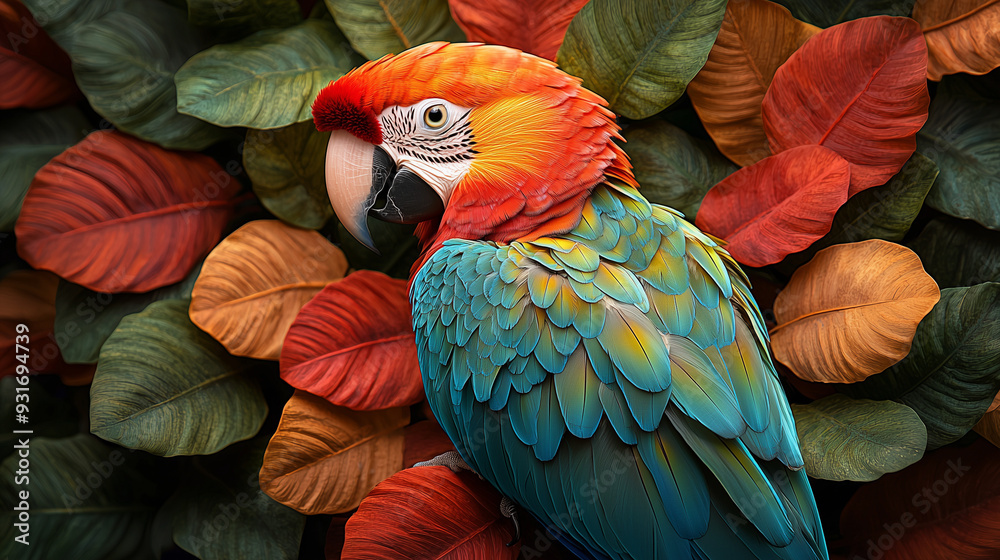 Fototapeta premium A close-up shot of a vibrant parrot, with detailed feathers in multiple colors, perched against a tropical jungle background.