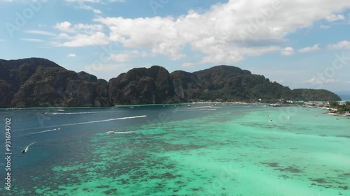 Mountain landscape, clear water, turquoise ocean, Andaman Sea, Phi Phi, aerial. Drone photography of beautiful islands, Thailand island tour, tourist destination, snorkeling, active holiday, beautiful