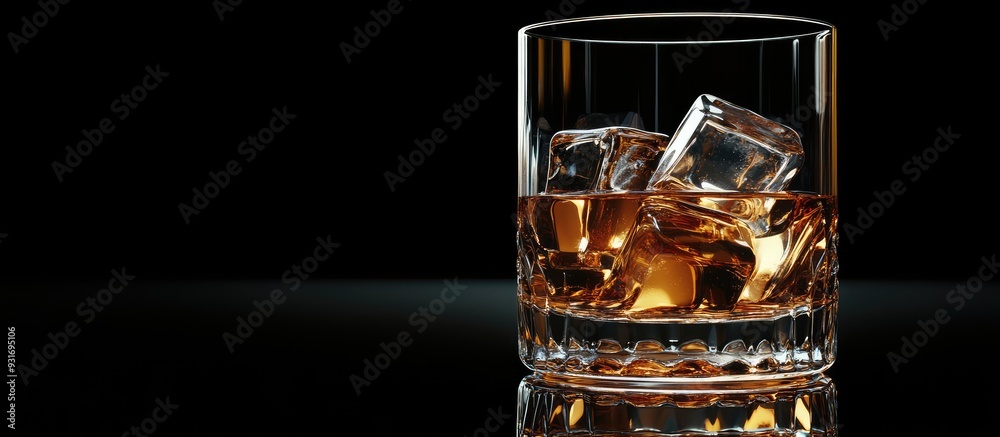 Isolated clear outline of a classic whiskey glass with ice cubes shown up close on a mirrored table against a black background. with copy space image. Place for adding text or design Isolated clear outline of a classic whiskey glass with ice cubes shown up close on a mirrored table against a black background. with copy space image. Place for adding text or design
