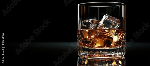 Isolated clear outline of a classic whiskey glass with ice cubes shown up close on a mirrored table against a black background. with copy space image. Place for adding text or design