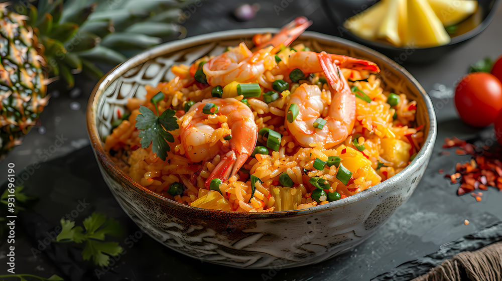Pineapple fried rice with vegetables and large shrimps Placed in a pineapple cut in half. Placed on a beautiful porcelain plate, Thai atmosphere. Pineapple fried rice with vegetables and large shrimps Placed in a pineapple cut in half. Placed on a beautiful porcelain plate, Thai atmosphere.