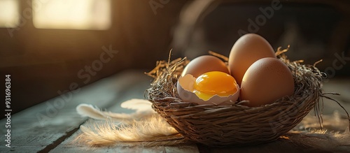 Brown eggs in a basket a broken egg with yolk and a feather on a dark rustic table background Top view. with copy space image. Place for adding text or design