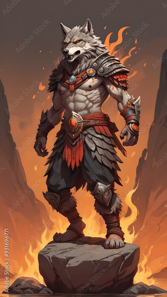 Illustration of a wolf warrior in ancient battle attire Illustration of a wolf warrior in ancient battle attire