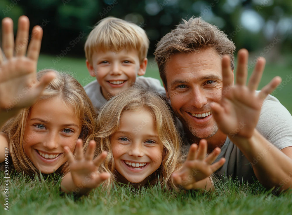 Fototapeta premium Happy Family Of Four On Grass With Hands Up