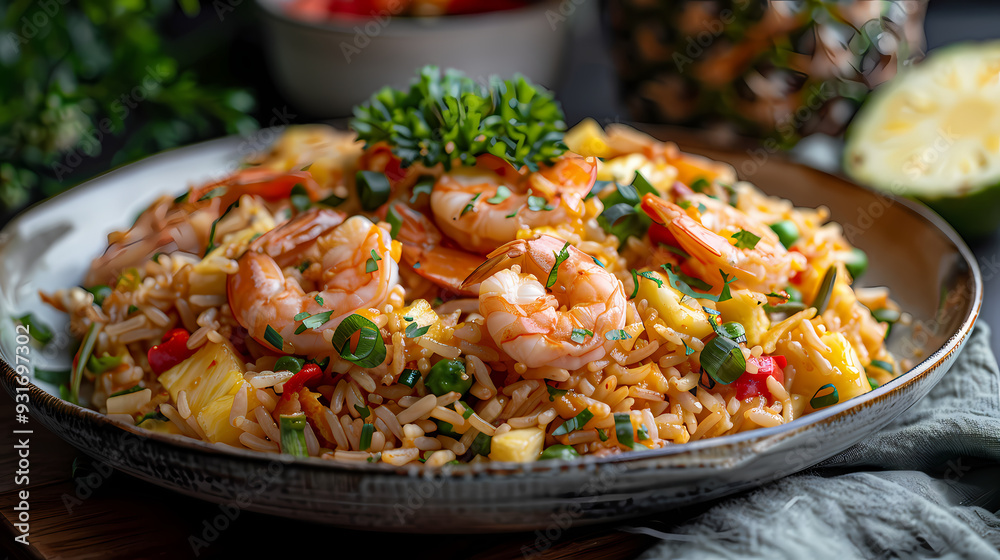 Pineapple fried rice with vegetables and large shrimps Placed in a pineapple cut in half. Placed on a beautiful porcelain plate, Thai atmosphere. Pineapple fried rice with vegetables and large shrimps Placed in a pineapple cut in half. Placed on a beautiful porcelain plate, Thai atmosphere.