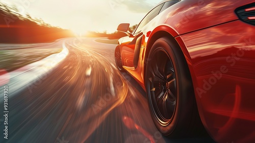 mounted shot from the side of a sports car on a nice winding road view is from the front to the rear with motion blur photo