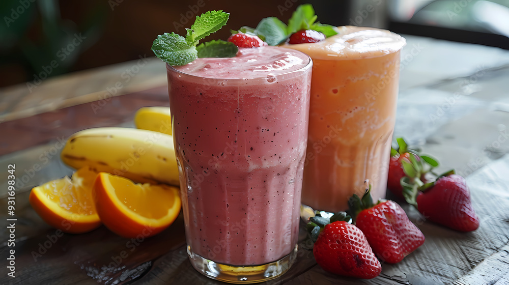 fruit smoothies and Orange smoothie and Banana smoothie and Strawberry smoothie