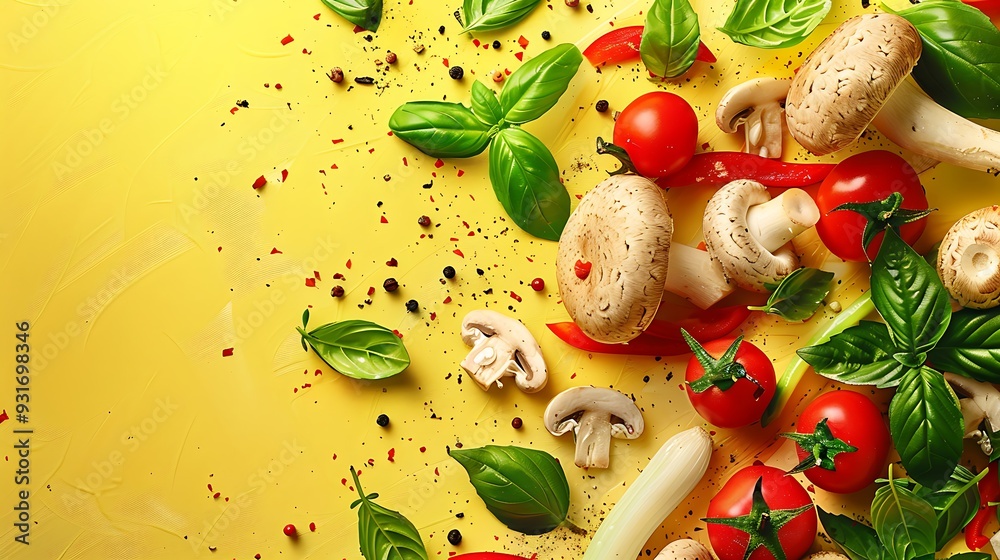 Mushrooms and vegetables with basil on yellow background