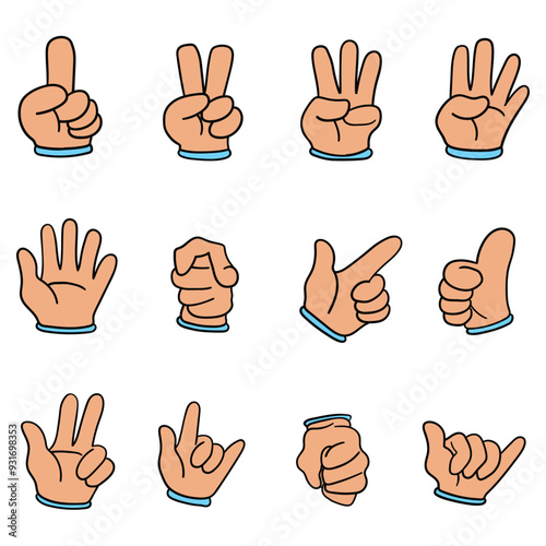 Hand drawn cartoon set of human hands with gestures on white background.