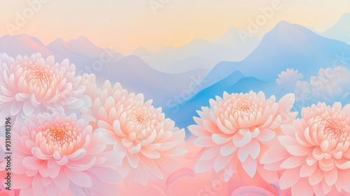 A painting of colorful Chinese chrysanthemums, green mountains in the back, chinese chongyang festival background