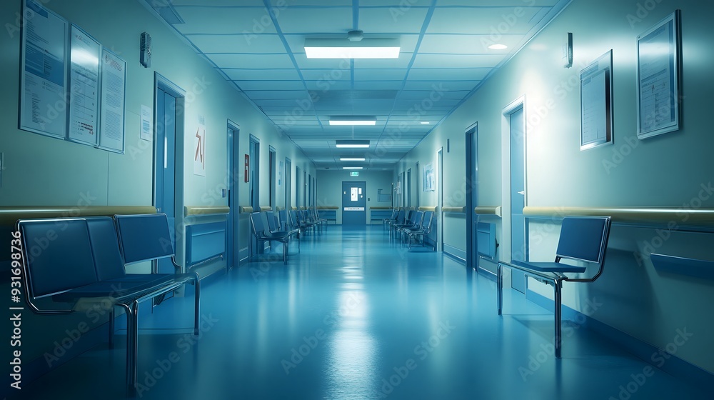 Empty hospital interior, showcasing unoccupied medical spaces and vacant rooms. Empty hospital interior, showcasing unoccupied medical spaces and vacant rooms.