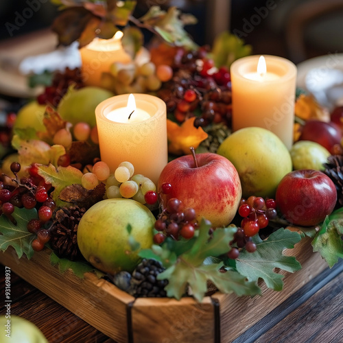 Rustic fall centerpiece featuring a wooden tray with seasonal fruits, foliage, and candles