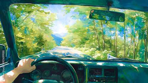 車内から見た夏の山道のドライブの水彩イラスト