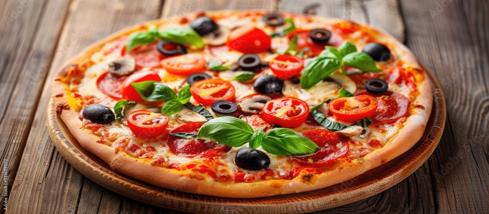 Tasty pizza topped with tomatoes mushrooms olives and basil on a black wooden table top view Room for text. with copy space image. Place for adding text or design Tasty pizza topped with tomatoes mushrooms olives and basil on a black wooden table top view Room for text. with copy space image. Place for adding text or design