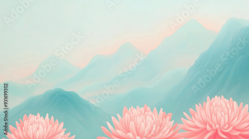 A painting of colorful Chinese chrysanthemums, green mountains in the back, chinese chongyang festival background photo