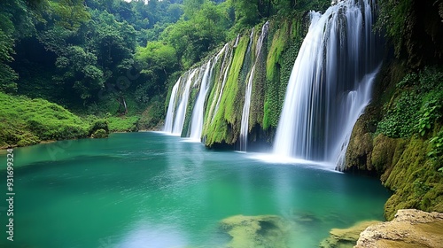 Tranquil waterfall cascading into a serene emerald pool, surrounded by lush green foliage.