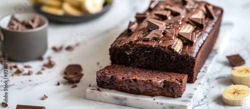 Homemade chocolate banana pound cake loaf A tasty dessert for breakfast A delightful snack for tea Ingredients arranged on a light marble table Selective focus copyspace