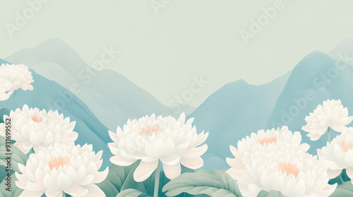 A painting of colorful Chinese chrysanthemums, green mountains in the back, chinese chongyang festival background photo