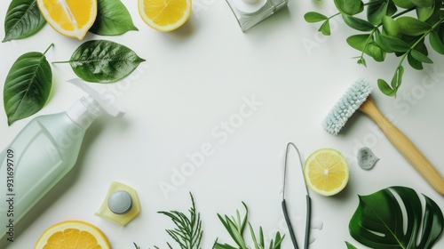 Natural Cleaning Supplies with Lemon and Green Leaves photo