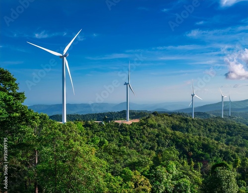 Wind turbines rise among lush green trees, blending nature's tranquility with renewable energy.