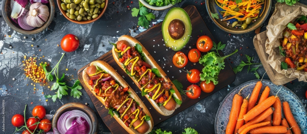 custom made wallpaper toronto digitalAn assortment of various homemade Vegan Carrot Hot Dogs topped with fried onion avocado chili mushrooms tomatoes and beans against a dark rusty background with copyspace top view