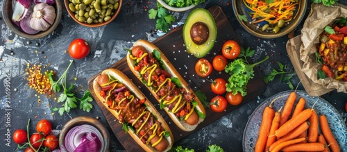 Wallpaper Mural An assortment of various homemade Vegan Carrot Hot Dogs topped with fried onion avocado chili mushrooms tomatoes and beans against a dark rusty background with copyspace top view Torontodigital.ca