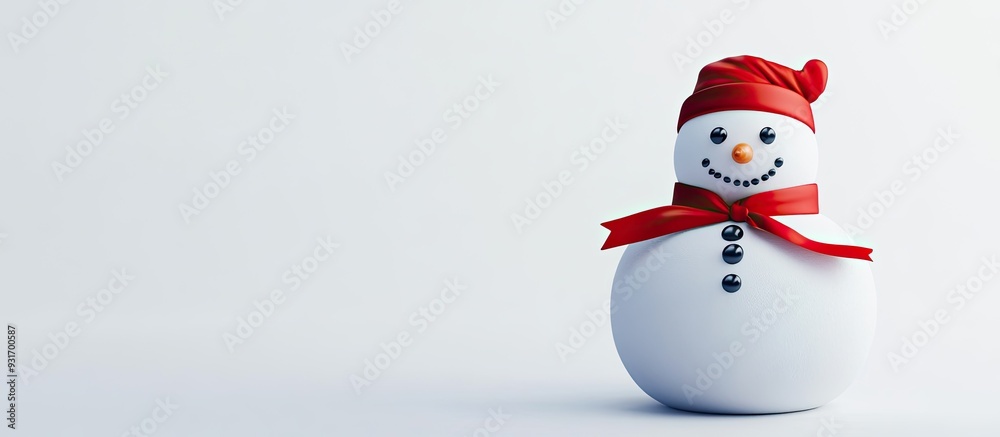 A snowman adorned with a red ribbon against a white backdrop. with copy space image. Place for adding text or design A snowman adorned with a red ribbon against a white backdrop. with copy space image. Place for adding text or design