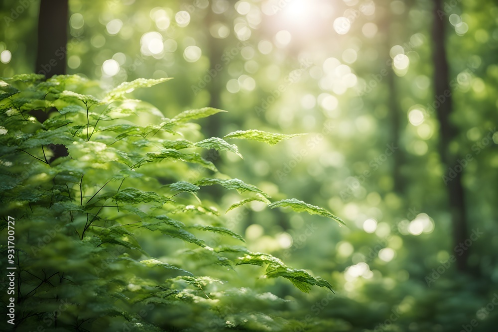 A soft focus bokeh background of a lush green forest with sunlight filtering through the leaves, AI Generated A soft focus bokeh background of a lush green forest with sunlight filtering through the leaves, AI Generated