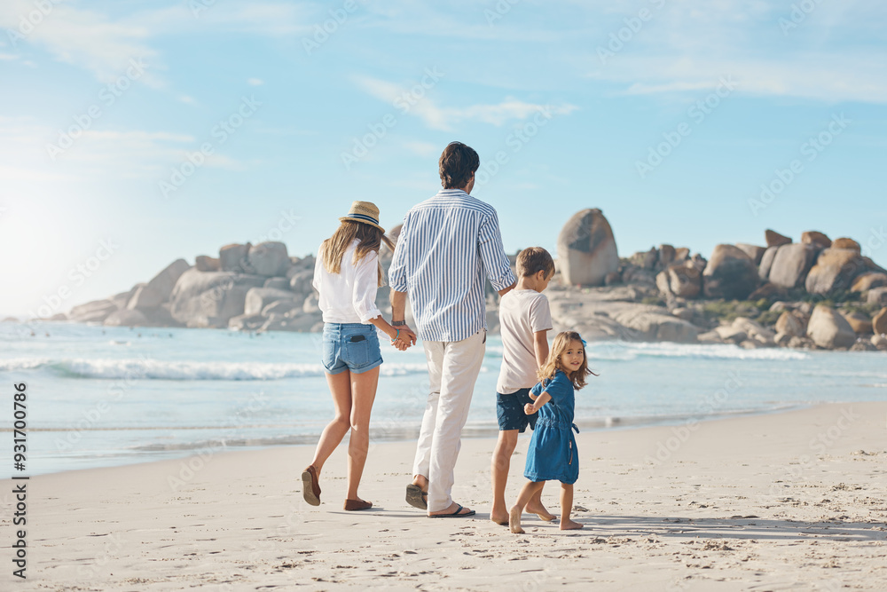 Family, beach and holding hands on vacation with support, love and care together by the sea. Back, parents and kids in Greece walking by ocean outdoor on holiday with travel, trust and security Family, beach and holding hands on vacation with support, love and care together by the sea. Back, parents and kids in Greece walking by ocean outdoor on holiday with travel, trust and security