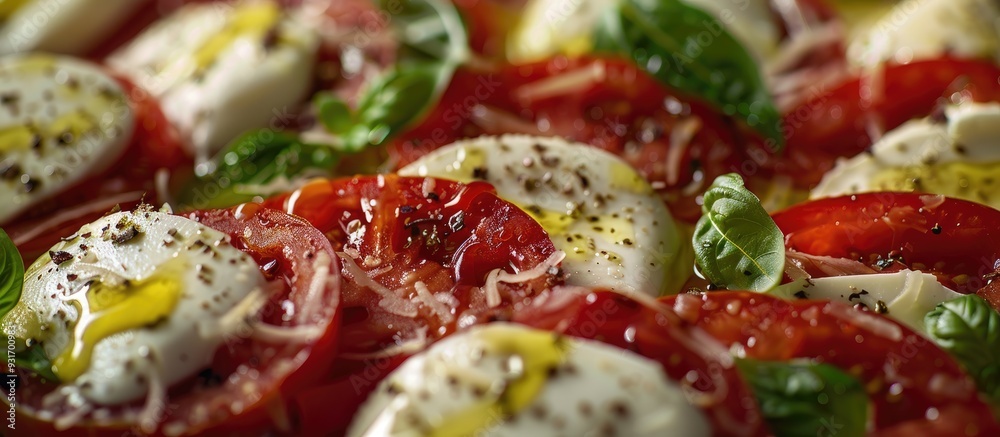 Close up of tomato mozzarella drizzled with olive oil on a plate. with copy space image. Place for adding text or design Close up of tomato mozzarella drizzled with olive oil on a plate. with copy space image. Place for adding text or design
