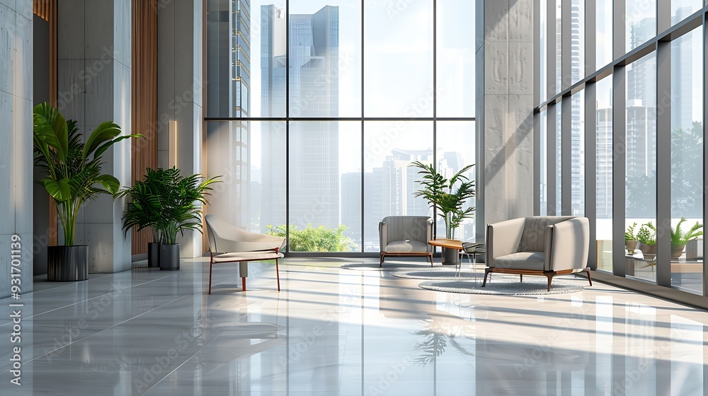 Fototapeta premium interior design of a room in a new building with large windows : Generative AI