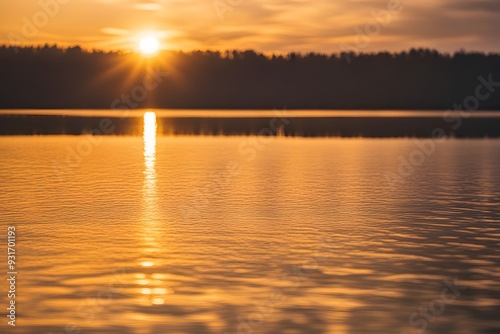 A sunset over a lake with golden bokeh reflections on the waters surface, AI Generated