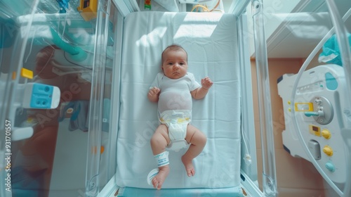 Newborn Baby in Hospital Incubator with Medical Monitoring Equipment
