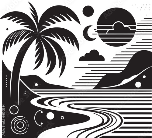 beach black and white vector art illustration