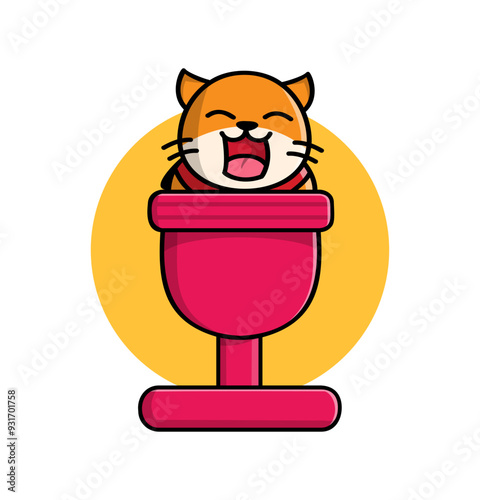 Smiling cat head inside red microphone on yellow background. 
