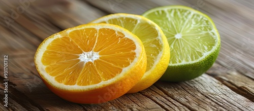 Lemon lime and tangerine on a wooden table close up. with copy space image. Place for adding text or design photo