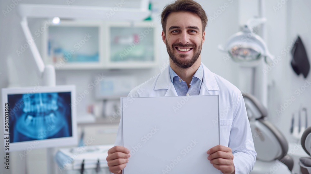 Fototapeta premium Friendly Dentist Holding Blank Sign
