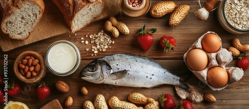 Allergy food concept Allergens include milk fish strawberries bread eggs peanuts citrus wheat flour and others arranged on a wooden table. with copy space image. Place for adding text or design photo