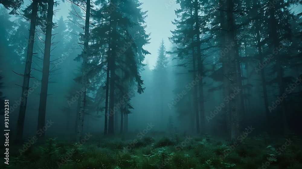Fototapeta premium Misty forest with tall straight trees creating a mysterious and serene atmosphere : Generative AI