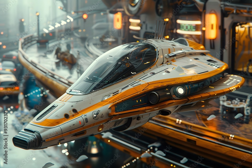 Fototapeta premium Futuristic Spaceship in Cityscape.