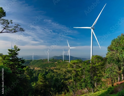 Wind turbines rise among lush green trees, blending nature's tranquility with renewable energy.