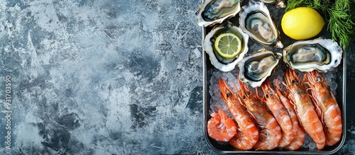 Freshly closed oysters and raw seafood with lemon and ice on a steel tray Gray background Top view Copy space photo