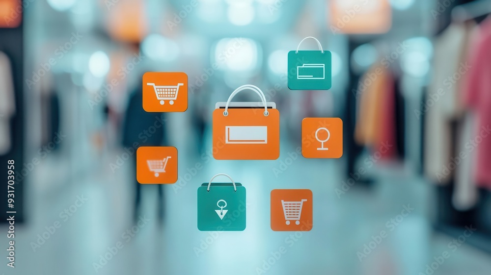 Fototapeta premium Illustration of shopping icons amidst a retail background, showcasing modern consumerism and digital shopping concepts.