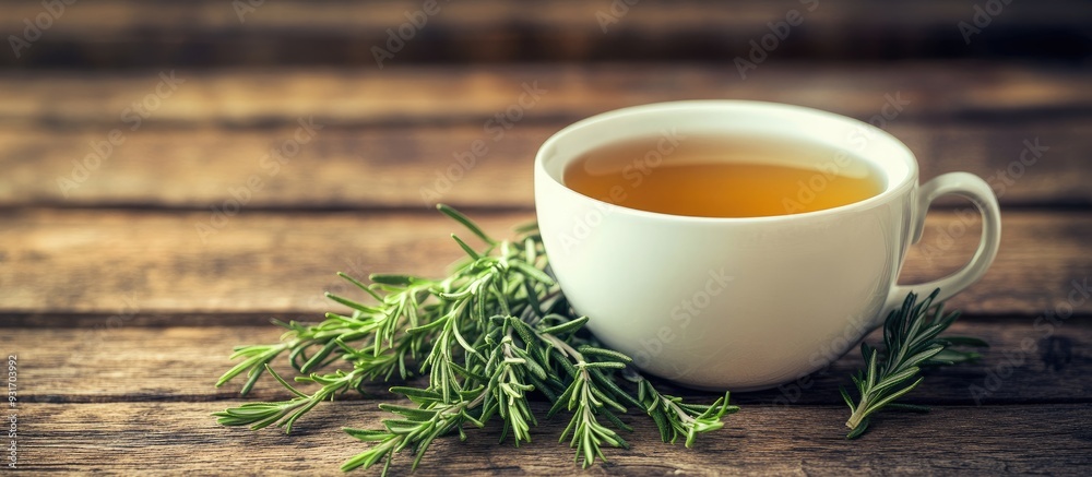 Cup of fragrant herbal tea with fresh rosemary and thyme on a wooden table. with copy space image. Place for adding text or design Cup of fragrant herbal tea with fresh rosemary and thyme on a wooden table. with copy space image. Place for adding text or design