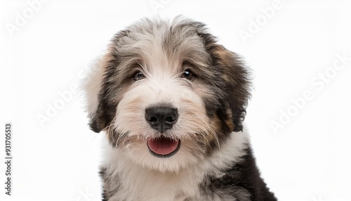 笑顔のオールド・イングリッシュ・シープドッグの子犬のポートレート（Portrait of a smiling Old English Sheepdog puppy on white background） 