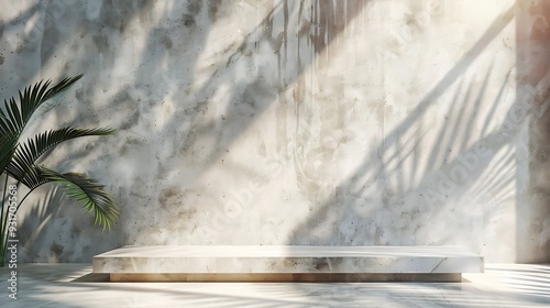 Natural texture stone background with palm shadow and sunlight Summer tropical product placement podium mockup Brand showroom in empty room with concrete wall and floor : Generative AI