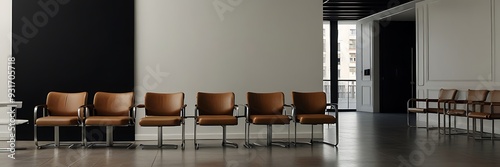 a modern commercial building lobby corridor leading to an open lounge area. Mockup 3D rendering.