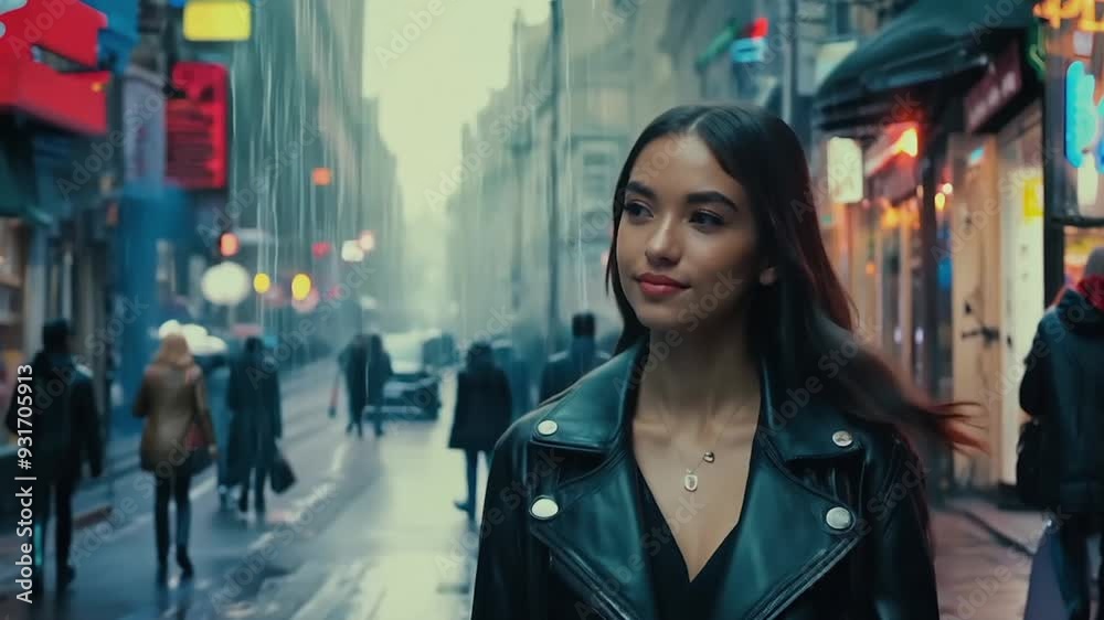 Woman walking on a city street in the rain Woman walking on a city street in the rain