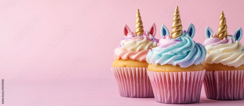 Several adorable sweet unicorn cupcakes on a pink background. with copy space image. Place for adding text or design Several adorable sweet unicorn cupcakes on a pink background. with copy space image. Place for adding text or design